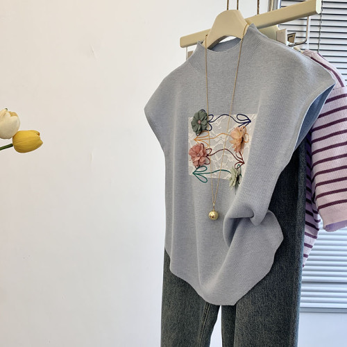 專櫃撤廻剪標立體花朵半高領短袖T恤女夏季新款正肩獨特修身上衣