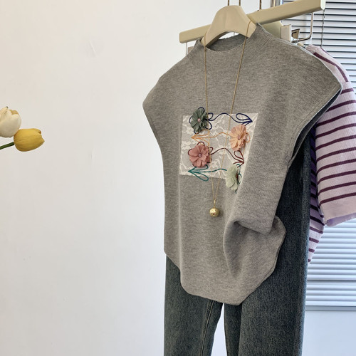 專櫃撤廻剪標立體花朵半高領短袖T恤女夏季新款正肩獨特修身上衣