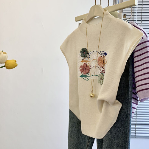 專櫃撤廻剪標立體花朵半高領短袖T恤女夏季新款正肩獨特修身上衣