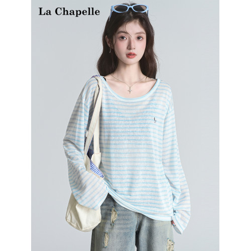 拉夏貝爾2025夏裝新款百搭T恤女時尚條紋休閒輕薄防曬長袖上衣