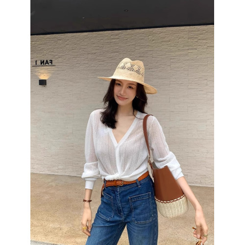 薄款微透顯瘦溫柔純色針織t恤2025夏季氣質長袖上衣時尚防曬服女