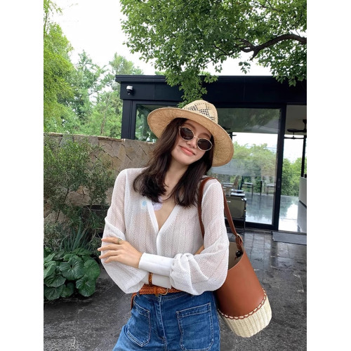 薄款微透顯瘦溫柔純色針織t恤2025夏季氣質長袖上衣時尚防曬服女