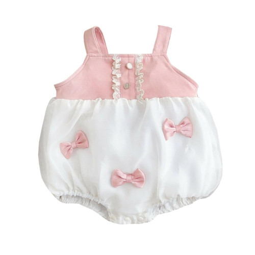 2025嬰兒夏裝洋氣蝴蝶結吊帶包屁衣爬爬服女寶寶滿月宴公主外出衣