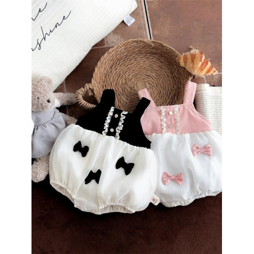 2025嬰兒夏裝洋氣蝴蝶結吊帶包屁衣爬爬服女寶寶滿月宴公主外出衣