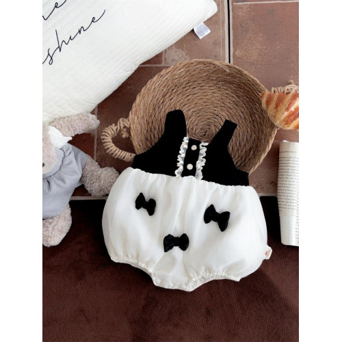 2025嬰兒夏裝洋氣蝴蝶結吊帶包屁衣爬爬服女寶寶滿月宴公主外出衣