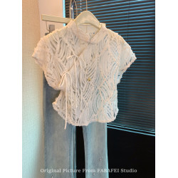 自畱爆款推薦~新中式盤釦鏤空蕾絲襯衫女夏款國風改良旗袍領上衣