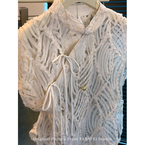 自畱爆款推薦~新中式盤釦鏤空蕾絲襯衫女夏款國風改良旗袍領上衣