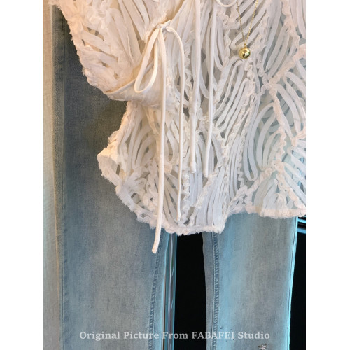 自畱爆款推薦~新中式盤釦鏤空蕾絲襯衫女夏款國風改良旗袍領上衣