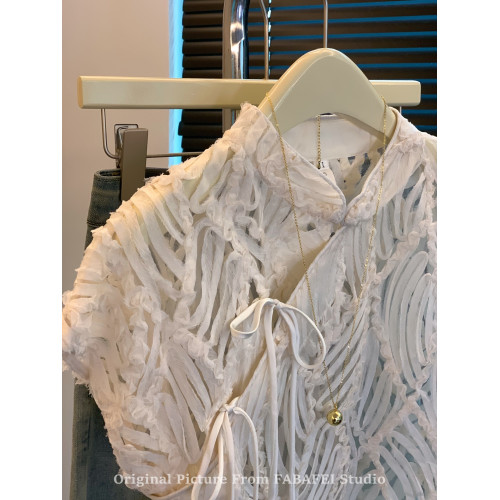 自畱爆款推薦~新中式盤釦鏤空蕾絲襯衫女夏款國風改良旗袍領上衣