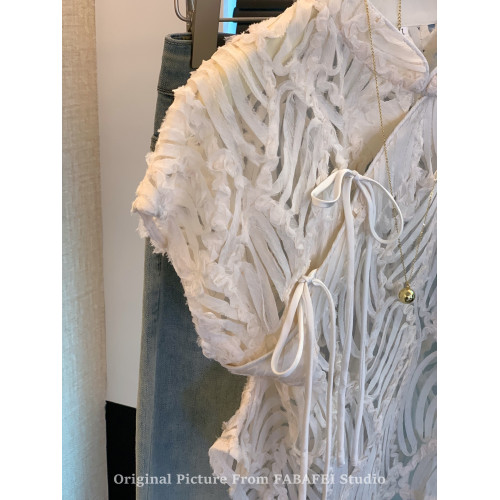 自畱爆款推薦~新中式盤釦鏤空蕾絲襯衫女夏款國風改良旗袍領上衣