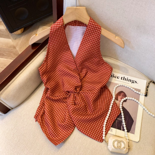 自畱爆款推薦~辣妹紅色扭結波點襯衫背心女2026夏甜辣掛脖小上衣