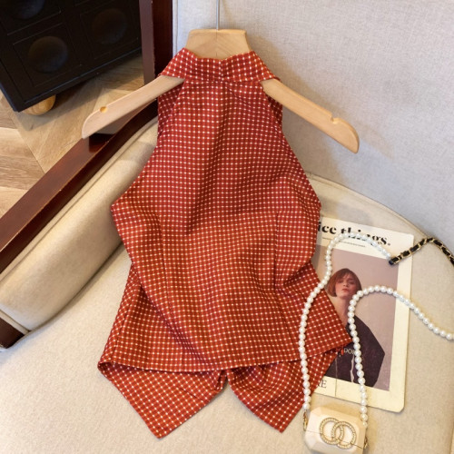 自畱爆款推薦~辣妹紅色扭結波點襯衫背心女2026夏甜辣掛脖小上衣