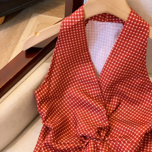 自畱爆款推薦~辣妹紅色扭結波點襯衫背心女2026夏甜辣掛脖小上衣