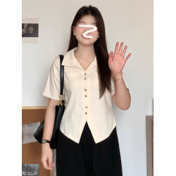 大碼韓系休閒風polo領短袖襯衫女裝夏季胖mm顯瘦百搭v領開衫上衣