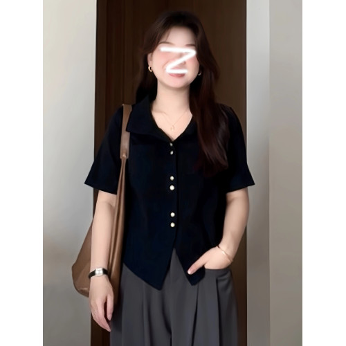 大碼韓系休閒風polo領短袖襯衫女裝夏季胖mm顯瘦百搭v領開衫上衣