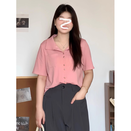 大碼韓系休閒風polo領短袖襯衫女裝夏季胖mm顯瘦百搭v領開衫上衣