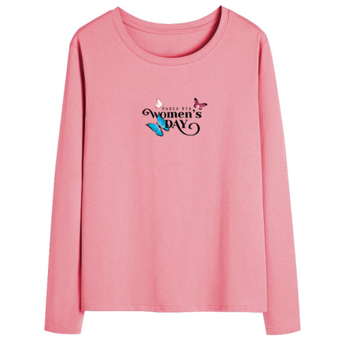 純棉t恤女長袖秋衣圓領印花韓版寬鬆春秋季休閒時尚大碼正肩上衣