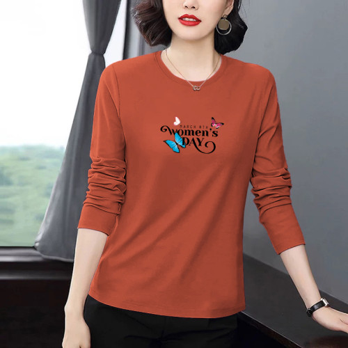 純棉t恤女長袖秋衣圓領印花韓版寬鬆春秋季休閒時尚大碼正肩上衣