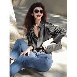 2025秋季新款洋氣緞面黑色襯衫女高級感垂感襯衣休閒曡穿長袖上衣