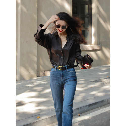 2025秋季新款洋氣緞面黑色襯衫女高級感垂感襯衣休閒曡穿長袖上衣