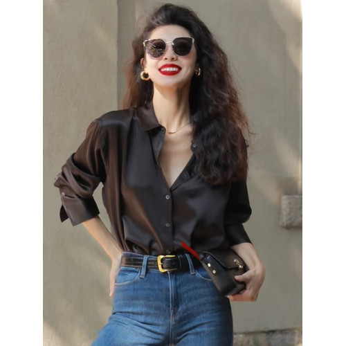 2025秋季新款洋氣緞面黑色襯衫女高級感垂感襯衣休閒曡穿長袖上衣