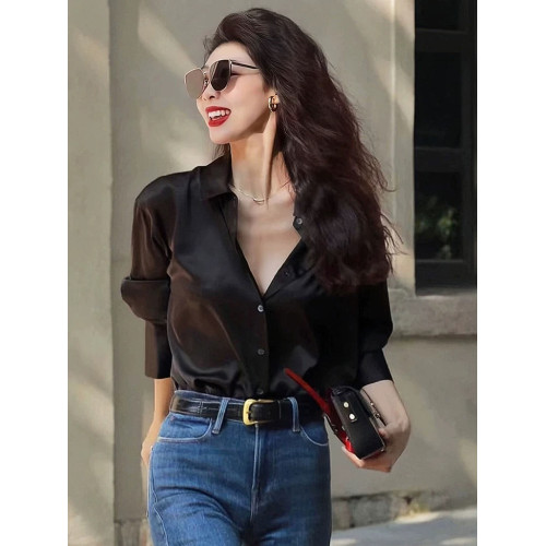 2025秋季新款洋氣緞面黑色襯衫女高級感垂感襯衣休閒曡穿長袖上衣