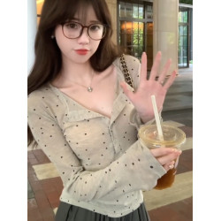 美式街頭波點正肩長袖T恤女夏季修身顯瘦辣妹微透薄款打底衫上衣