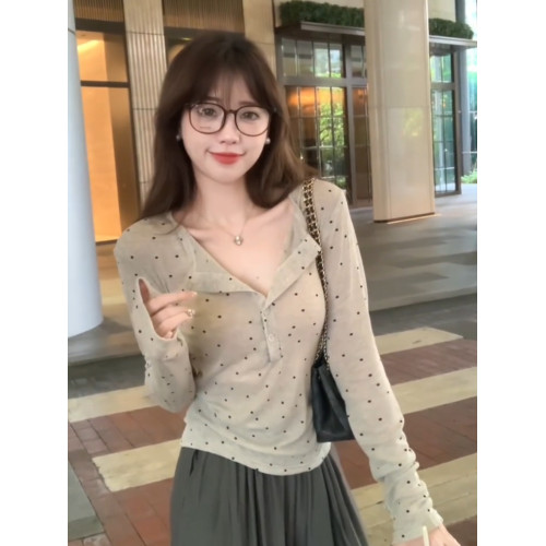 美式街頭波點正肩長袖T恤女夏季修身顯瘦辣妹微透薄款打底衫上衣