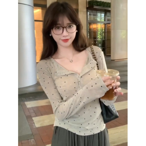 美式街頭波點正肩長袖T恤女夏季修身顯瘦辣妹微透薄款打底衫上衣