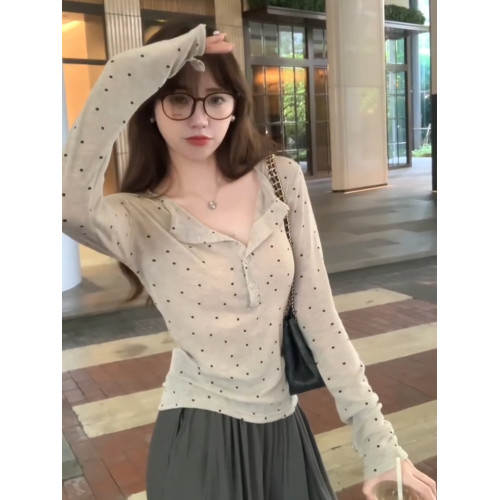 美式街頭波點正肩長袖T恤女夏季修身顯瘦辣妹微透薄款打底衫上衣