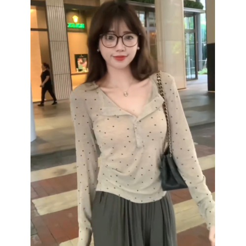 美式街頭波點正肩長袖T恤女夏季修身顯瘦辣妹微透薄款打底衫上衣