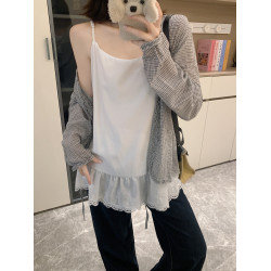 香衣兒大碼女裝胖mm復古格子木耳邊系帶罩衫蕾絲吊帶背心兩件套