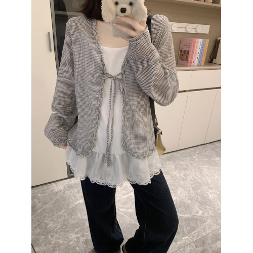 香衣兒大碼女裝胖mm復古格子木耳邊系帶罩衫蕾絲吊帶背心兩件套