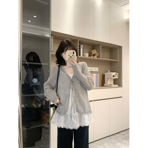 香衣兒大碼女裝胖mm復古格子木耳邊系帶罩衫蕾絲吊帶背心兩件套