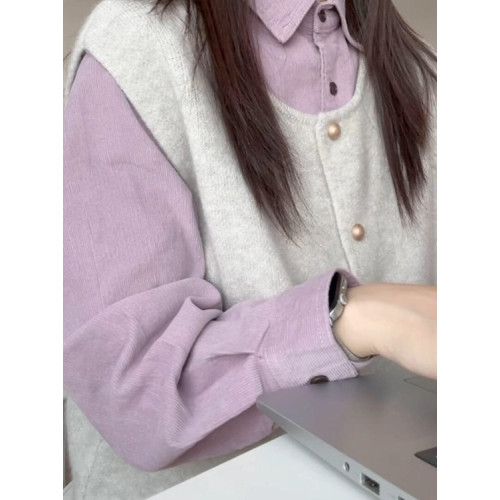 輕奢紫色燈芯絨長袖襯衫外套女早秋冬小個子寬鬆襯衣曡穿上衣外搭