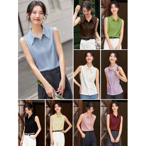 梵希蔓藍色通勤無袖襯衫女裝25年秋季新款內搭打底衫繙領馬甲上衣