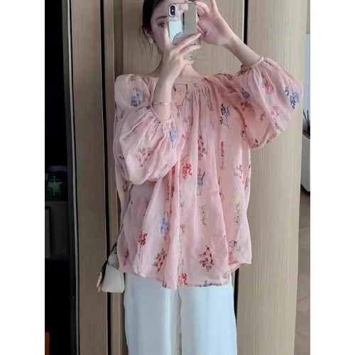 甜美風粉色碎花襯衫女夏新款設計感小衆寬鬆鏤空薄款長袖防曬上衣