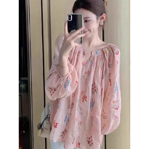 甜美風粉色碎花襯衫女夏新款設計感小衆寬鬆鏤空薄款長袖防曬上衣