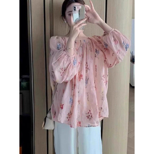 甜美風粉色碎花襯衫女夏新款設計感小衆寬鬆鏤空薄款長袖防曬上衣