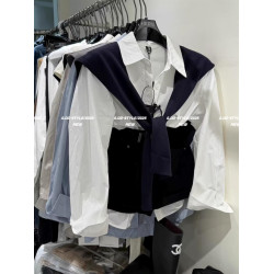 韓國東大門秋季新款覆古氣質韓系長袖襯衫搭配針織披肩兩件套上衣