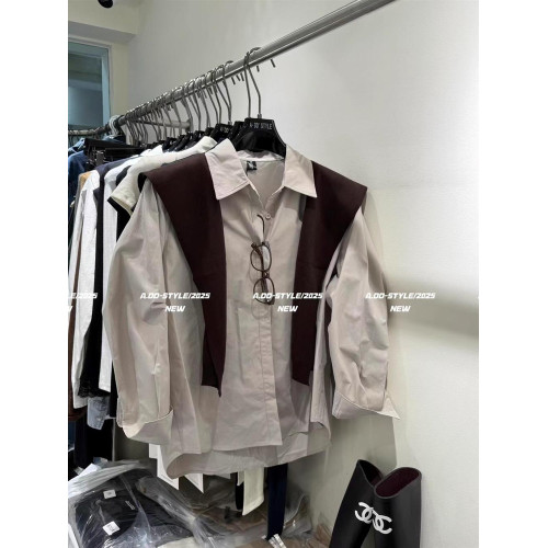 韓國東大門秋季新款覆古氣質韓系長袖襯衫搭配針織披肩兩件套上衣