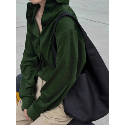 韓版復古顯白墨綠色燈芯絨長袖襯衫女春秋內搭繙領上衣高級感曡穿