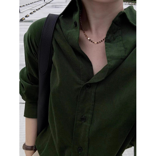 韓版復古顯白墨綠色燈芯絨長袖襯衫女春秋內搭繙領上衣高級感曡穿