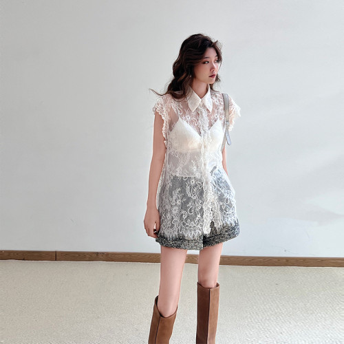 梓悅法式設計感蕾絲上衣女氣質時尚百搭鏤空無袖坎肩馬甲無袖襯衫