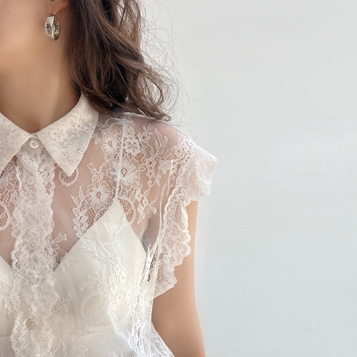梓悅法式設計感蕾絲上衣女氣質時尚百搭鏤空無袖坎肩馬甲無袖襯衫