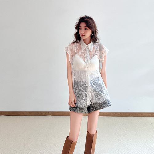 梓悅法式設計感蕾絲上衣女氣質時尚百搭鏤空無袖坎肩馬甲無袖襯衫