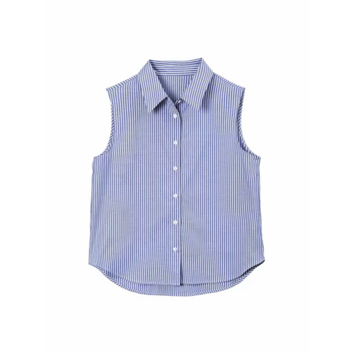 官方【四季曡搭】秋冬新款百搭條紋無袖襯衫曡穿背心繙領襯衣顯瘦