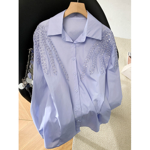 自畱款推薦~洋氣百搭顯瘦重工釘珠襯衫女2026春季新款寬鬆上衣潮