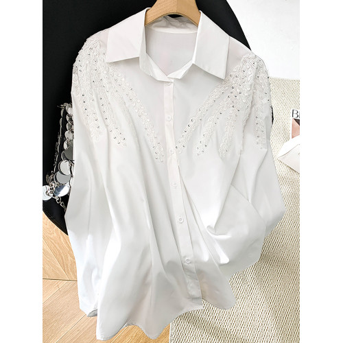 自畱款推薦~洋氣百搭顯瘦重工釘珠襯衫女2026春季新款寬鬆上衣潮