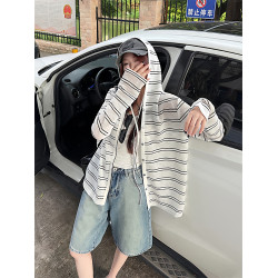 2026年新款春裝休閒風條紋長袖連帽開衫外套女夏季薄款防曬衫上衣